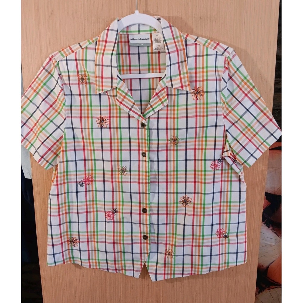 Alfred Dunner 12P White Plaid Beaded Embroidered Top Women Button Up